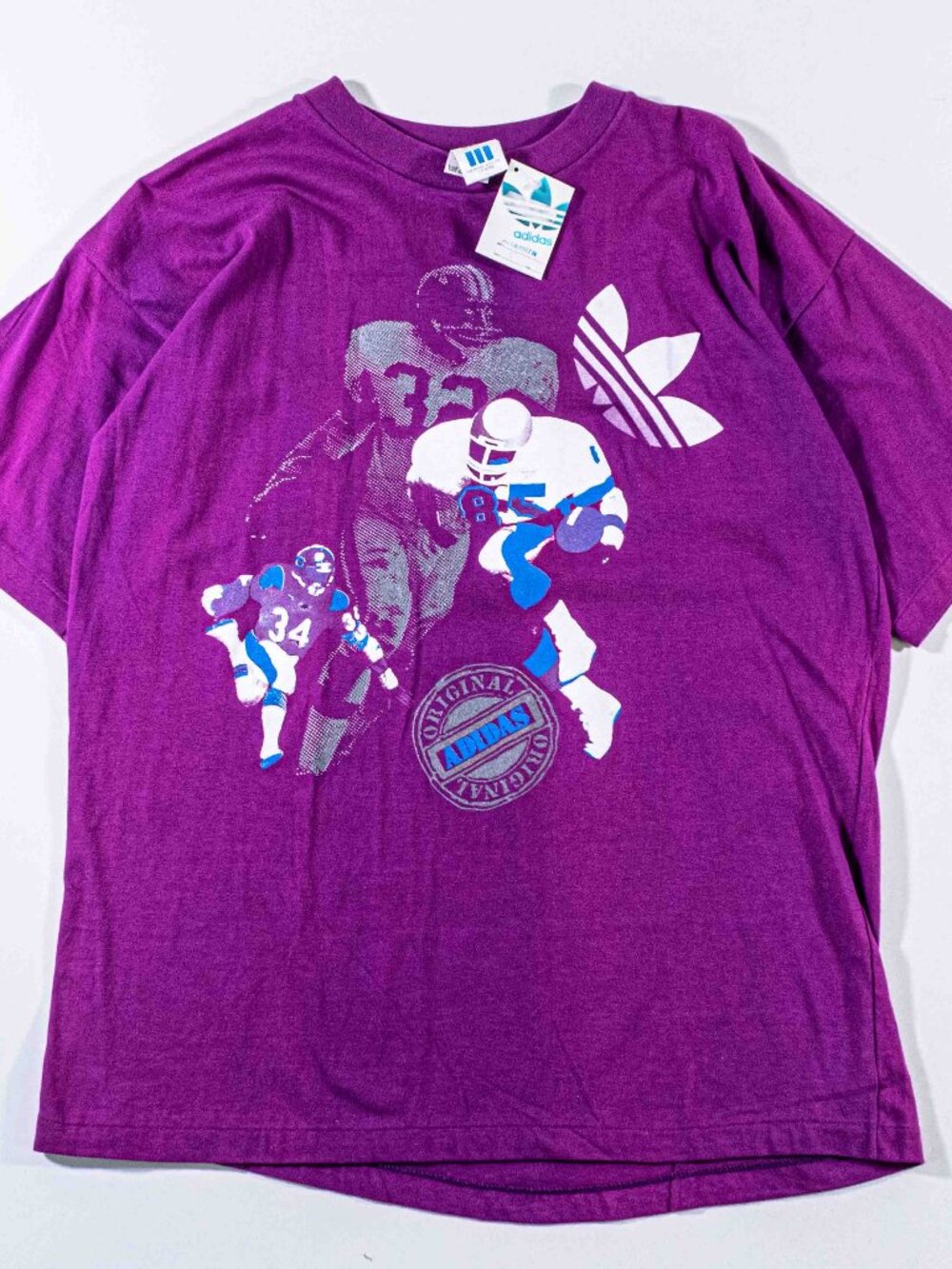 Vintage Adidas T Shirt Trefoil Big Print Football Player Sun Faded 90s Large VTG